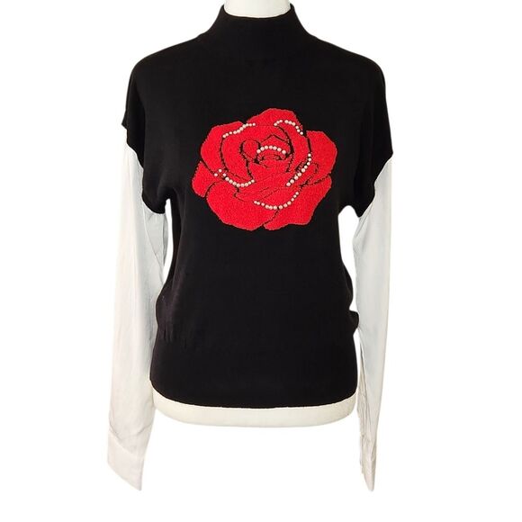 On Twelfth Layered Look Black Mock Neck Sweater Pearl Embellished Red Rose S - Picture 1 of 10